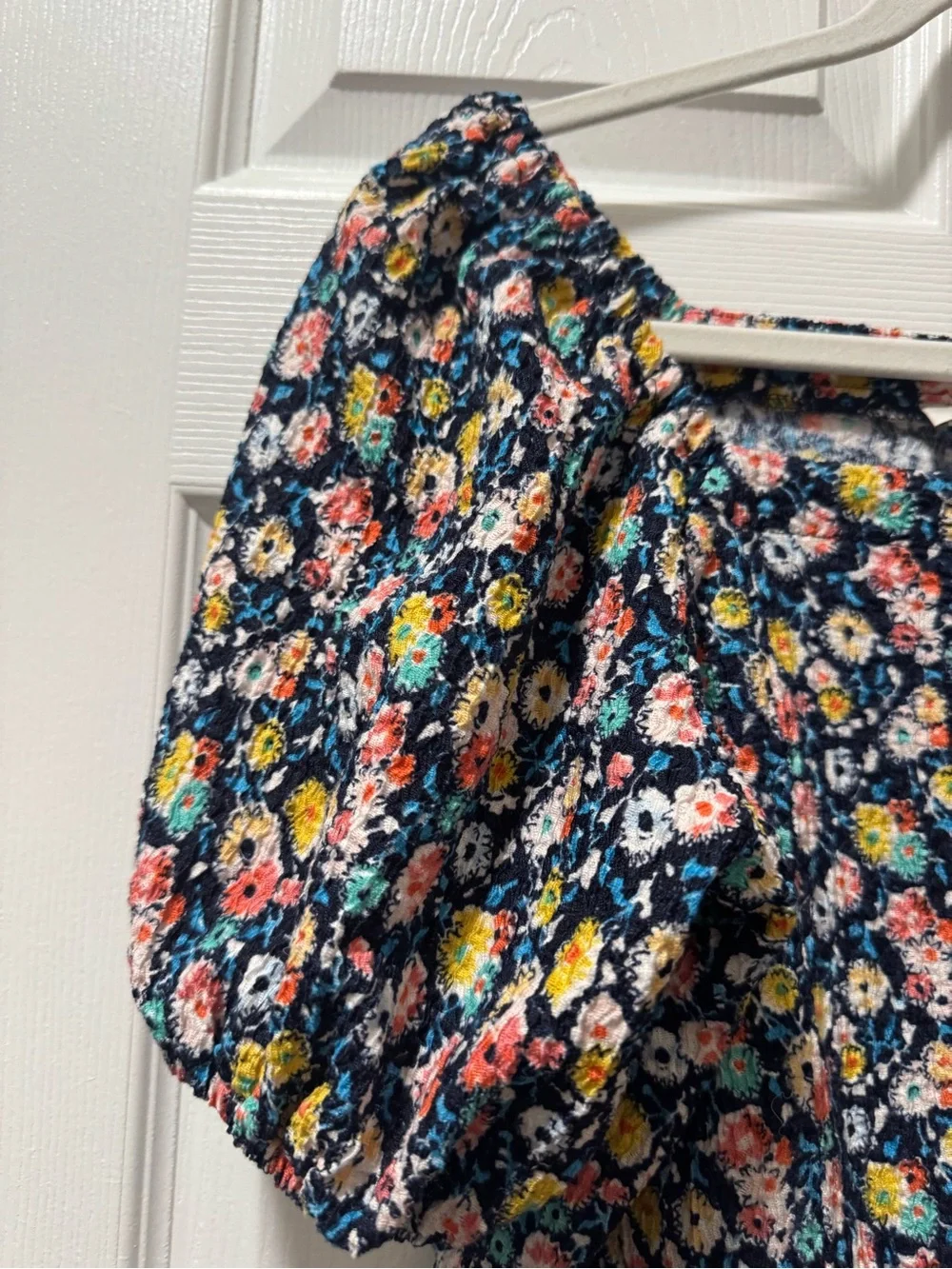 LOFT Navy Floral Puff-Sleeve Tie-Front Top